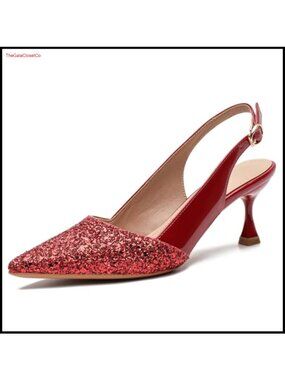 Women's Kitten Heel Sequin Pointed Toe Pumps Slingback Dress Heels